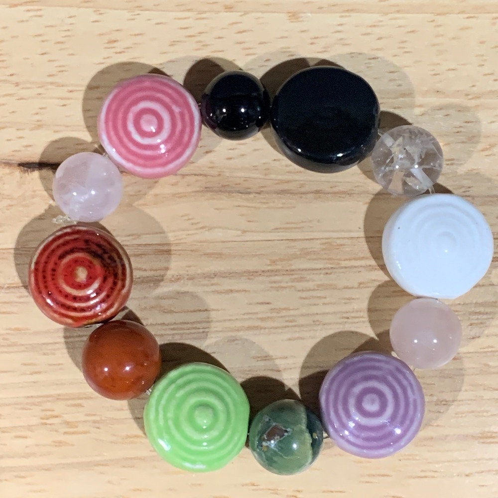 Artsy Beaded Stretch Bracelet Women Multicolor Ceramic Stone Boho Spiral